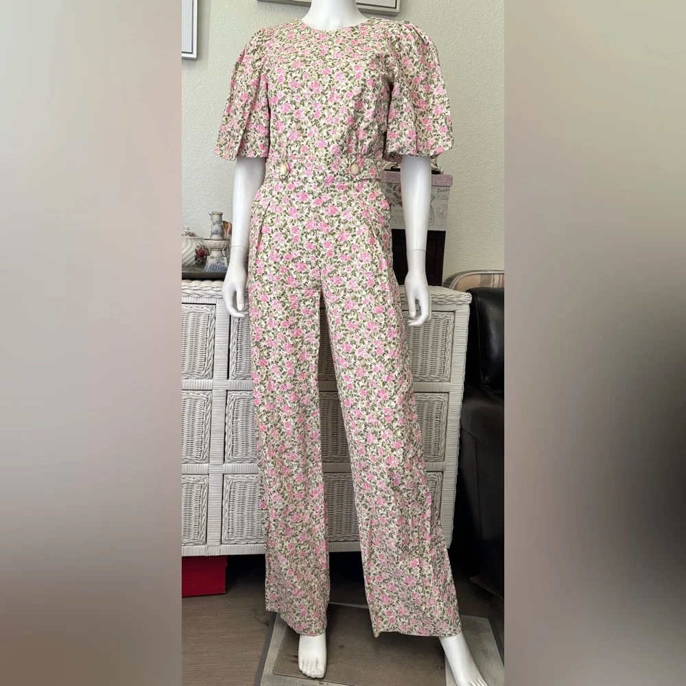 Sézane Claude Jumpsuit Wide Legs Balloon Sleeves Linen/Cotton Pink Green Size 2